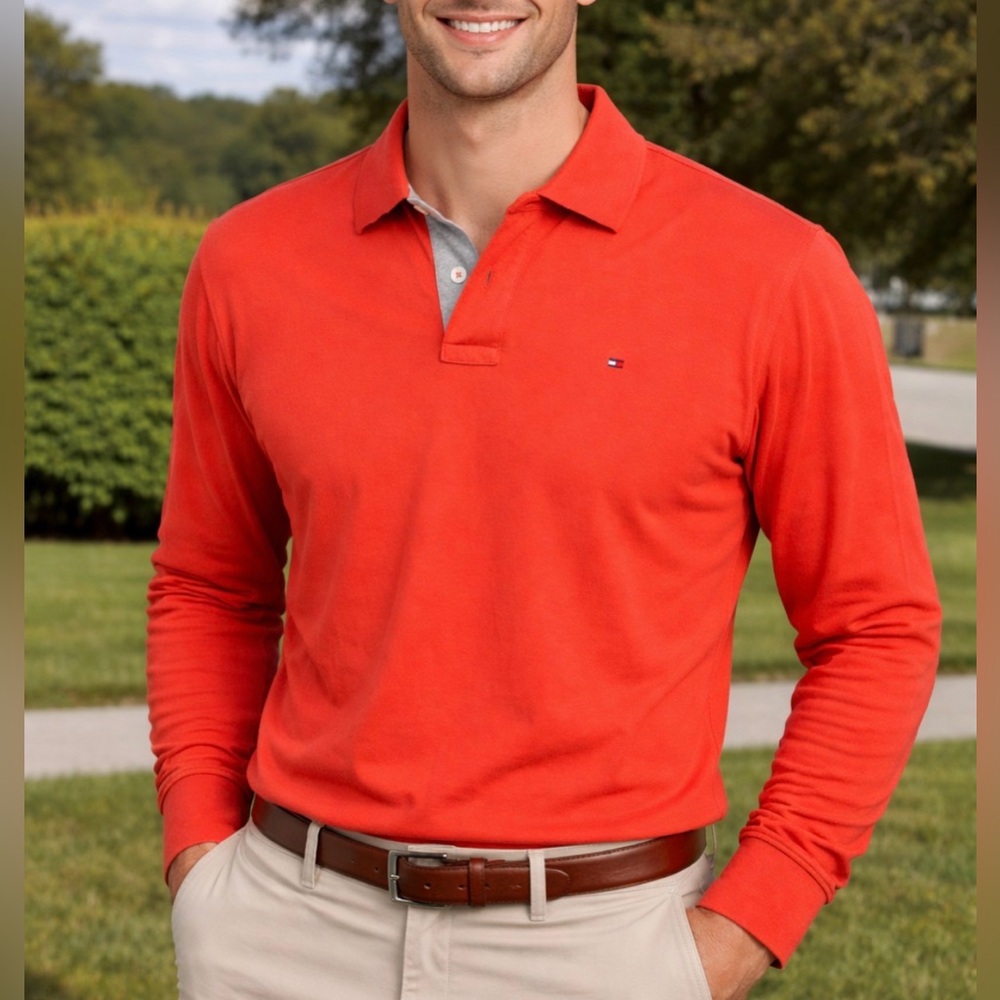 *NWT* Tommy Hilfiger Orange Long Sleeve Polo Logo on Chest Men's Large